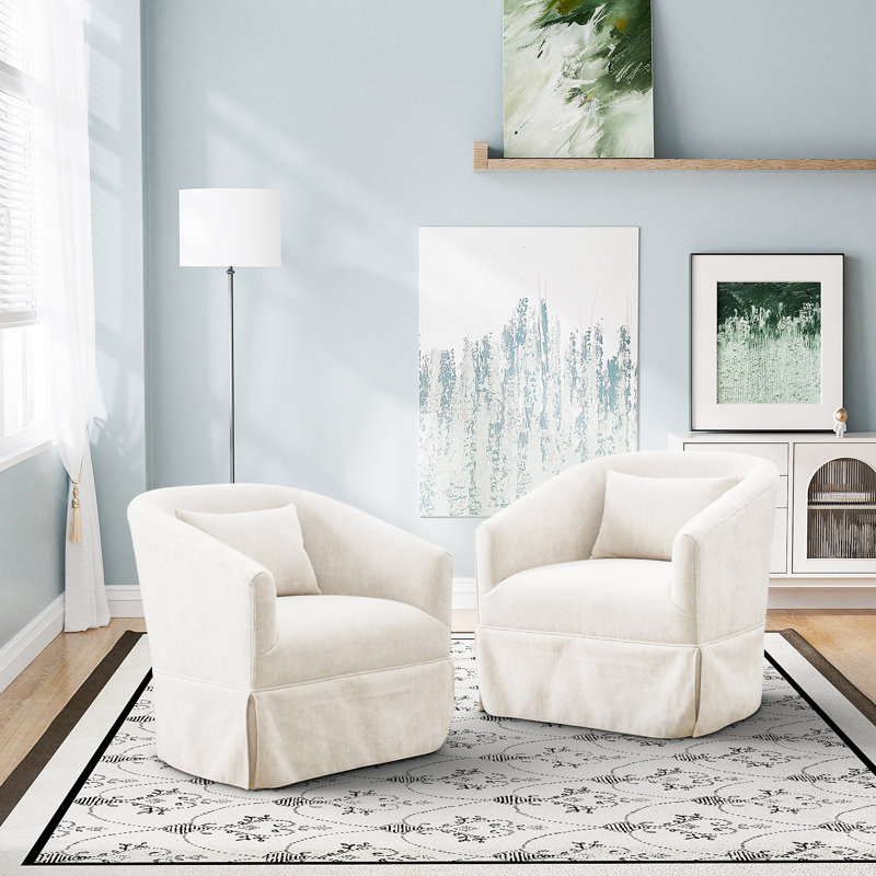 Blue Linen Swivel Barrel Chair Set with Lumbar Pillow