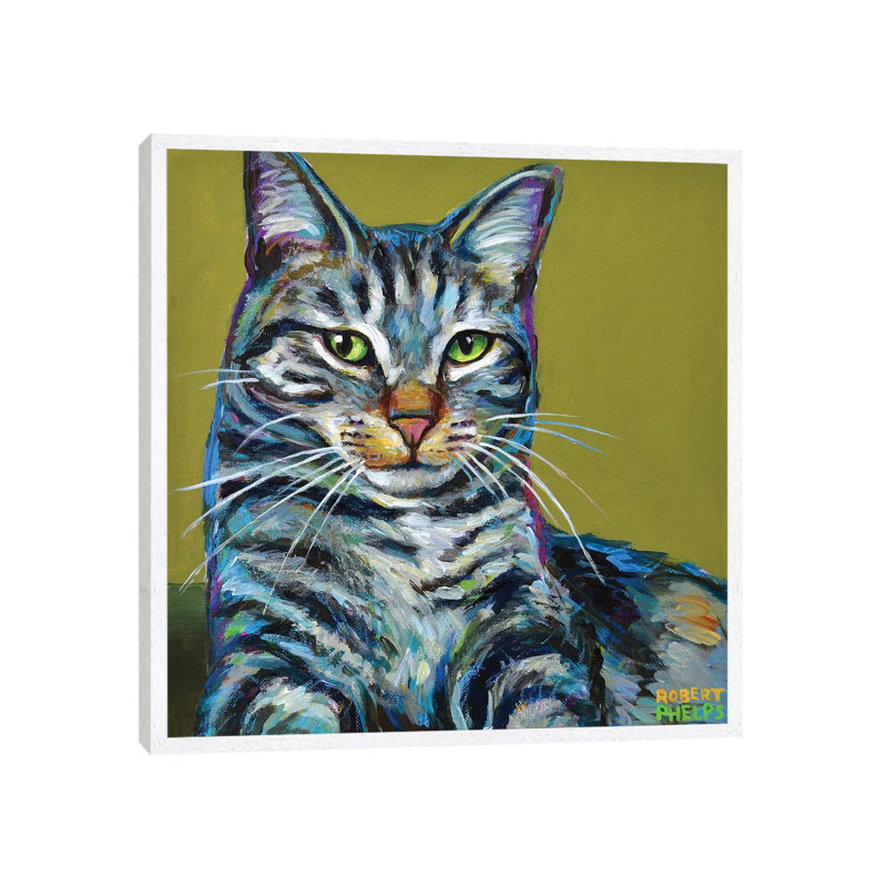 Striped Tabby On Green by Robert Phelps - Gallery-Wrapped Canvas Giclée on Canvas, 45.72 cm H x 45.72 cm W, White Framed