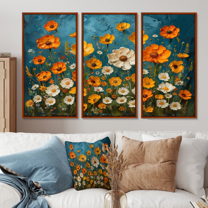 Jaune jaune blanc Summer Meadow Marigolds II - ensemble de décorations murales souci, Toile avec cadre flottant brun