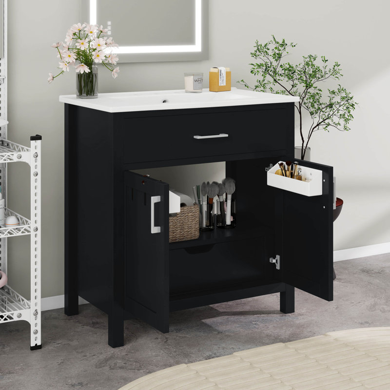 Meuble-lavabo autoportant avec 2 portes à fermeture douce et cadre en bois massif, Noir
