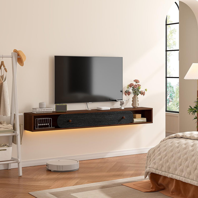 Meuble télé flottant, console média murale avec armoires, noyer et noir