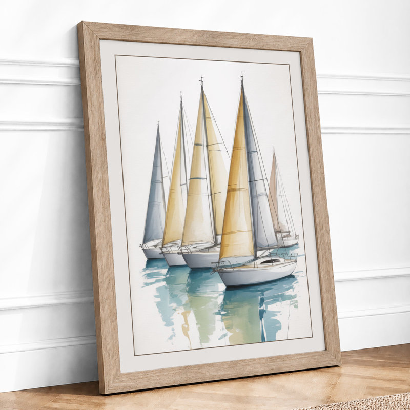 Three Sailing Vessels Coastal - Framed Print, Oak, A3 - 42.0 x 29.7 cm