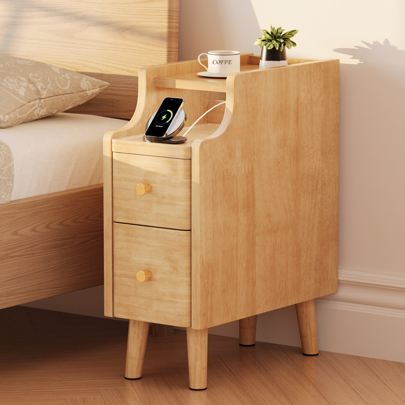 Narrow Nightstand with Drawers, 7.9" Solid Wood Side Table for Small Spaces, Small Bedside Table for Bedroom with Pull-Out Tray, Natural