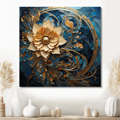 «Blooming Gold Flower Abstract Ornamental on Blue», impression d'art floral moderne
