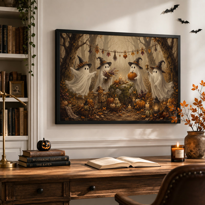 Toile fantôme avec chapeaux de sorcière et citrouilles en automne, H 24 po x l 36 po