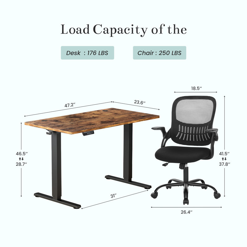 Office Set: Electric Standing Desk And Mesh Office Chair, Rustic Brown