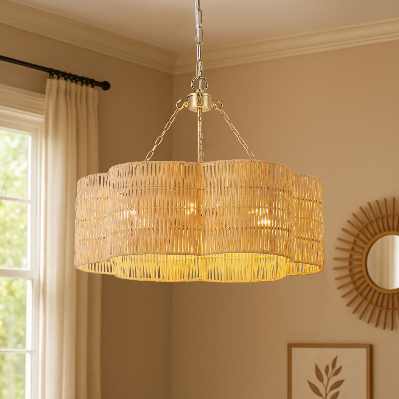 20" 6-Light Scalloped Rattan Drum Chandelier, 1 Tier