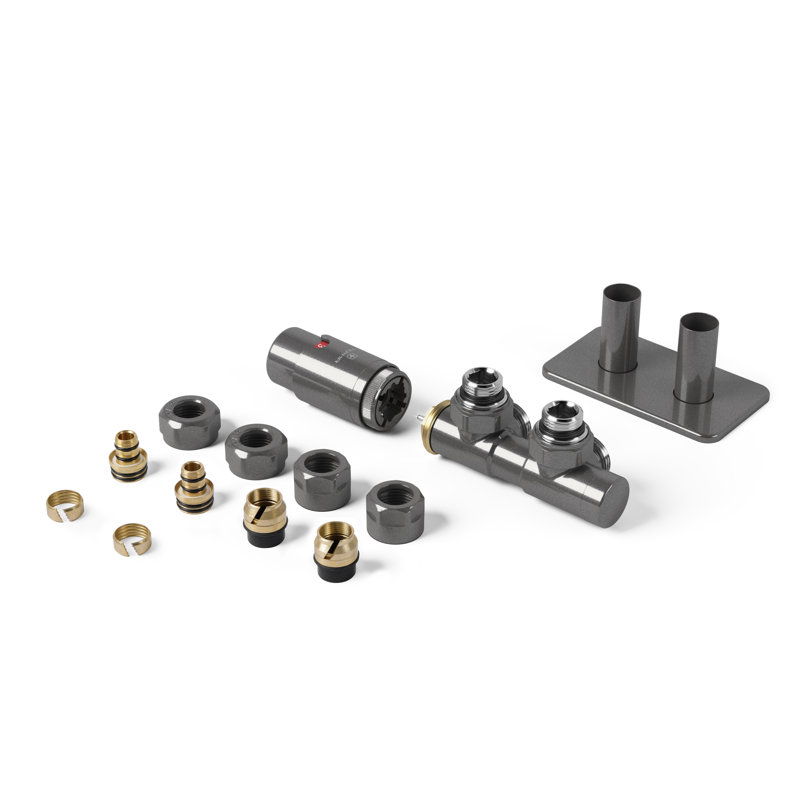 Radiator Valves Twins for 50mm Pipe Centres Complete with Pipe Masking Set, Right Sided, Grey