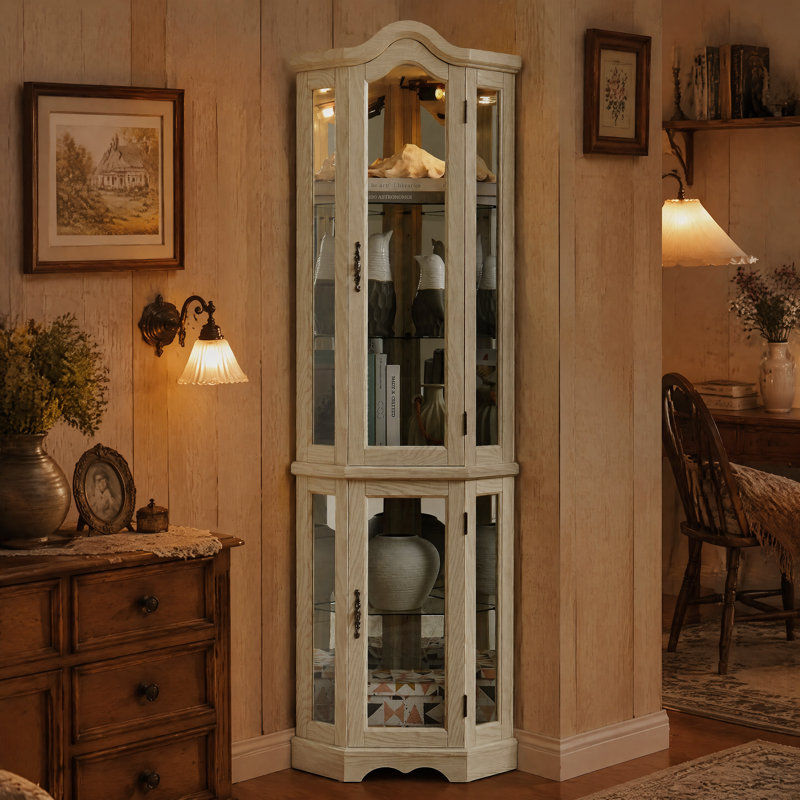Vitrine de coin lumineuse, vitrine de style couronne avec portes et tablettes en verre trempé, ampoule incluse, décor de rangement en coin pour le salon et la chambre à coucher, finition blanche