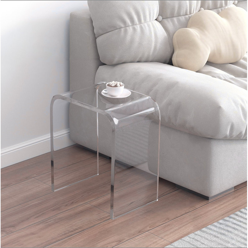 Table de bout, table de chevet et table d'appoint carrée contemporaine, table basse Lucite transparente avec rebords en cascade pour petit salon, salle de bain, chambre à coucher et bureau