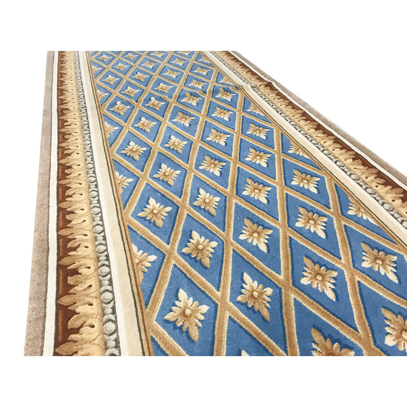 Hand-Knotted High-Quality Blue and Ivory Runner