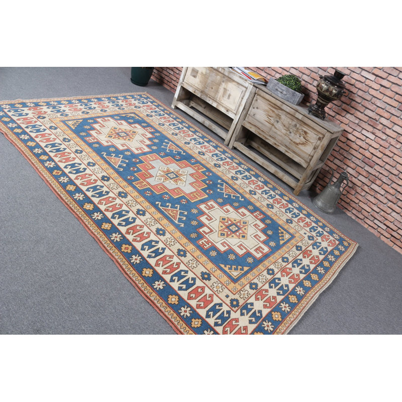 Grand tapis turc fait à la main en bleu pour le décor de la chambre à coucher et du salon avec un tapis rétro anatolien
