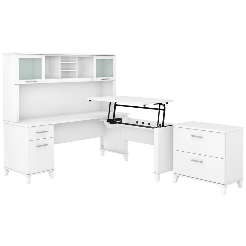 Bureau debout en L avec rehausse Magomed, Blanc