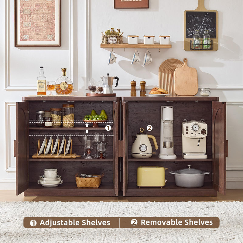 Rattan Sideboard Buffet Cabinet with Storage, 31.5" Coffee Bar Cabinet with Arch Doors & Adjustable Shelves, Wood Credenza, Boho Accent Cabinet for Kitchen, Living Room (Walnut)