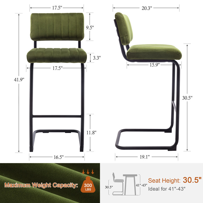 Tabouret de bar / tabouret de bar en velours capitonné à dossier bas Anatolii (ensemble de 4), Olive Green
