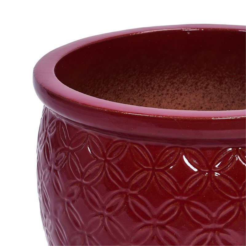 Red Ceramic Flowerpot Of 3 For Indoor And Outdoor Spaces, Contemporary Planters With Glossy Finish Built-In Drainage, 14.8 Inches Wide, Deep, 12.78 High, 48.1 Pounds Planter Patio, Garden Or