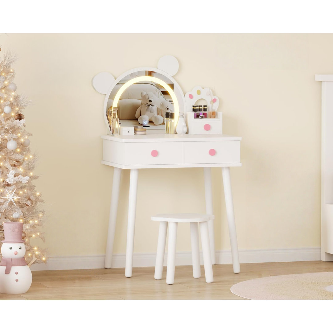 Kids Vanity Table with Lights,Cute Bear-Shaped Dressing Tables with Mirror&Storage Drawers,Wooden Princess Toddler Make Up Table Set,Pretend Play Vani