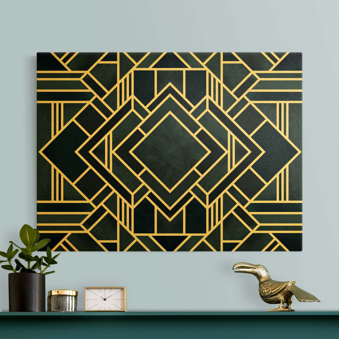 Leinwandbild Goldene Geoemetrie - Art Deco Blau von Elisabeth Fredriksson