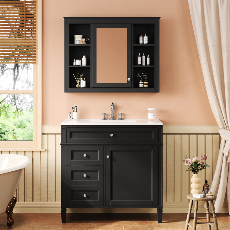Meuble-lavabo noir avec espace de rangement spacieux - Glissières de tiroir modernes de 36 po avec rangement polyvalent, Noir