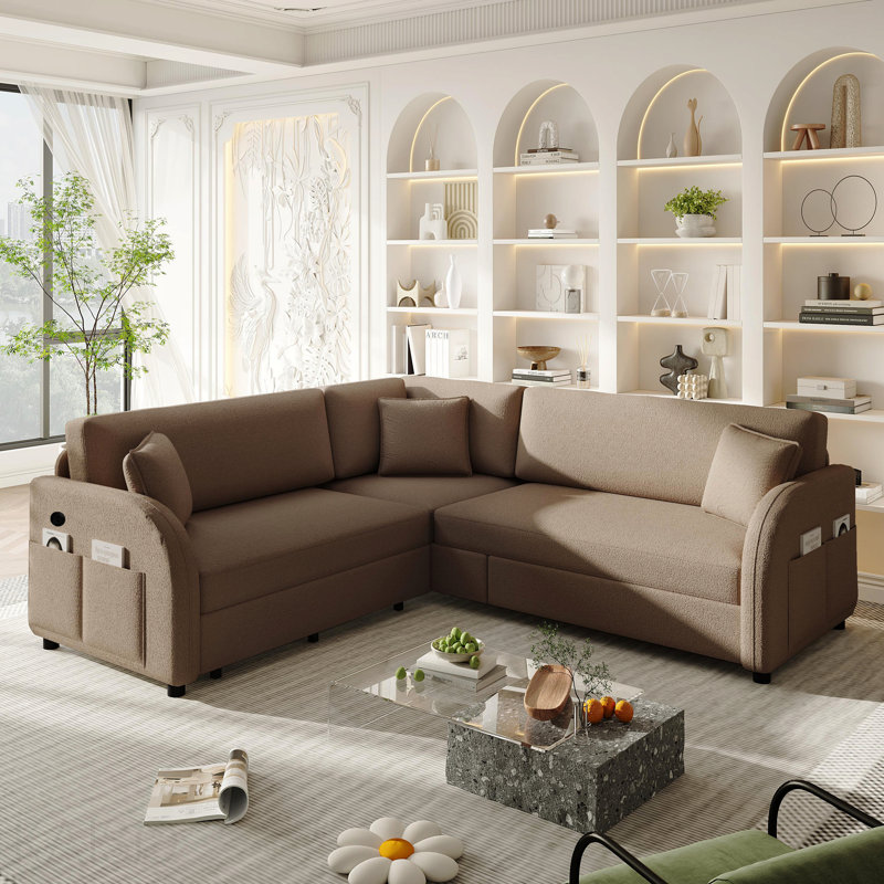 Canapé-lit en L 85,1 po avec lit escamotable, canapé-lit convertible surdimensionné avec poche latérale et port USB, canapé modulaire rembourré Teddy, pour salon, appartement, bureau, brun