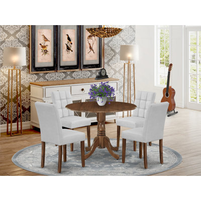 5 Piece Kitchen Dining Table Set consists A Modern Dining Table and 4 Light Gray Polyester Fabric Upholstered Dining Chairs, Antique Walnut