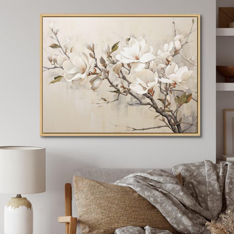 Beige de Magnolias «Dreamy» - art mural encadré Magnolias, H 24 po x l 32 po x P 1 po, Cadre naturel flottant