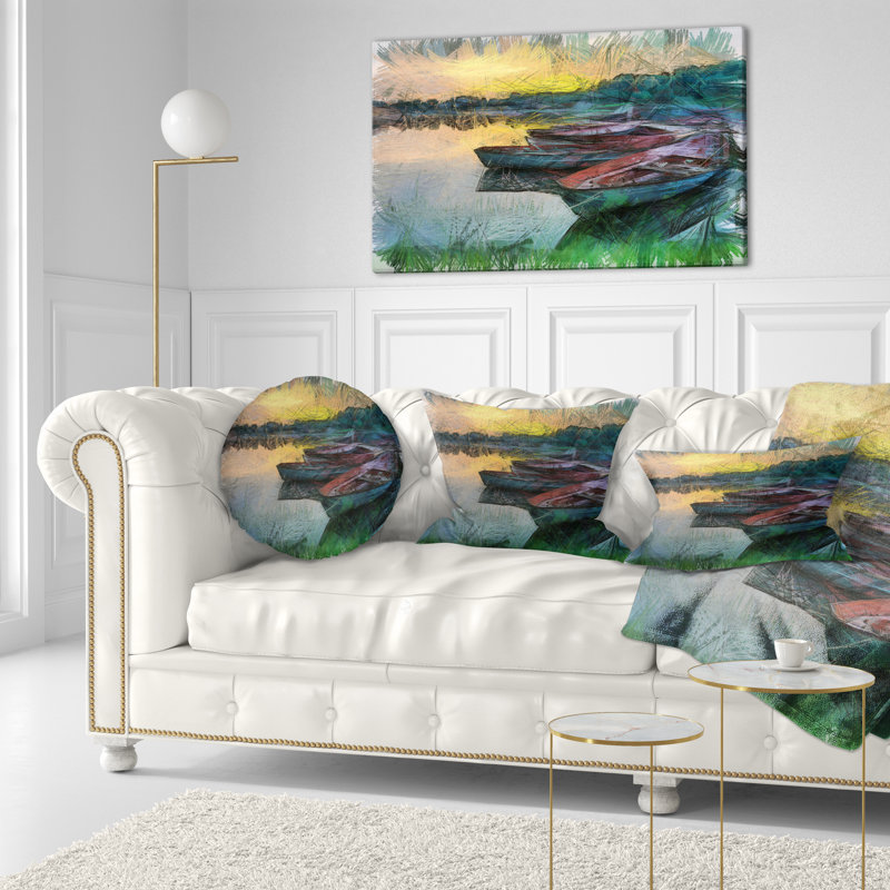Bateau de pêche par rivière, aquarelle, impression de paysage, Rectangle, 12 po x 20 po