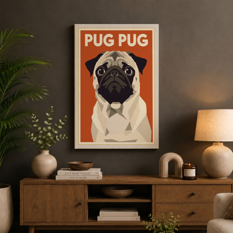 Geometric Pug Modern - Wrapped Canvas, 24x16 - 61.0 x 40.6 cm, Black Border