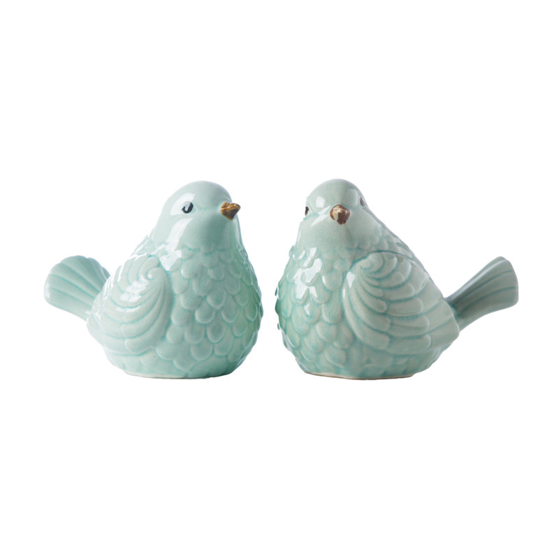 Glossy Light Blue Ceramic Sitting Bird Figurine Set