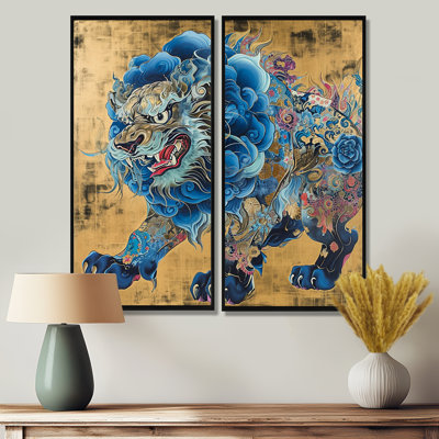 Féroce lion sur or chinois rétro - grand art mural asiatique