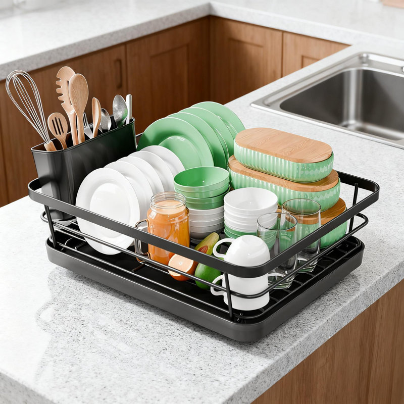 Compact Dish Drying Rack With Utensil Holder, Adjustable Drain Spout, Rust-Proof Space-Saving Kitchen Counter Organizer