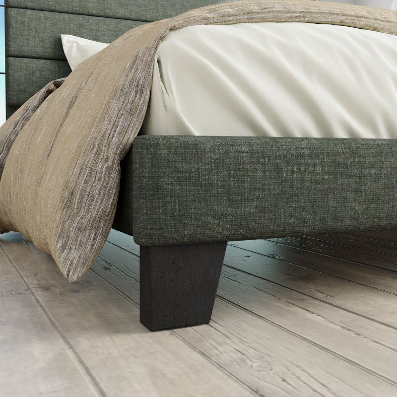 Lit plateforme Elison avec tête de lit tapissier en tissu et lattes en bois, Grand, Vert