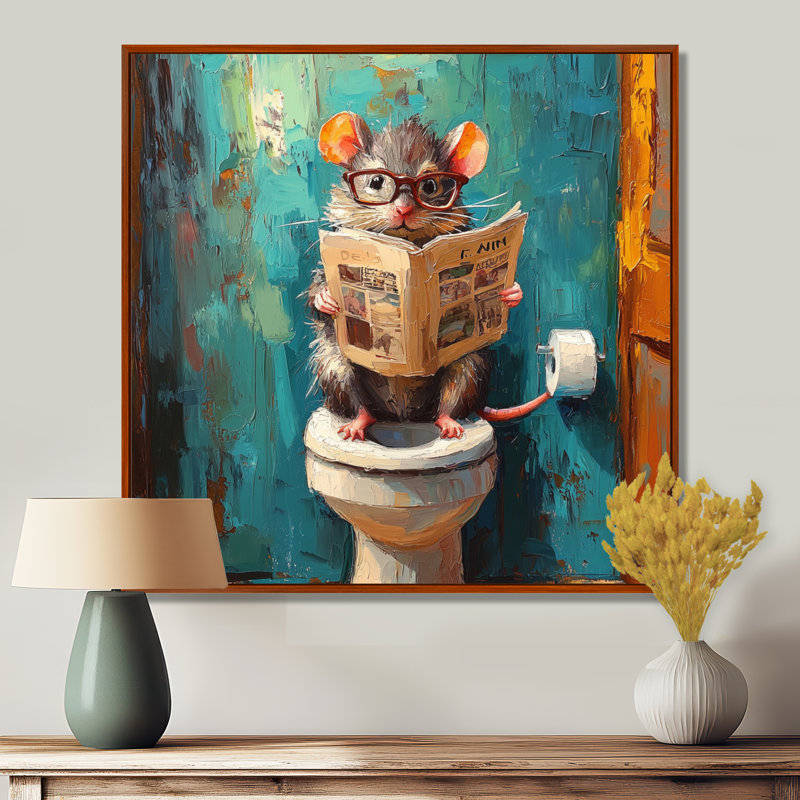 Kenajah souris avec lunettes dans la toilette I - souris, art mural, Impression encadrée flottante, Brun, H 16 po x l 16 po