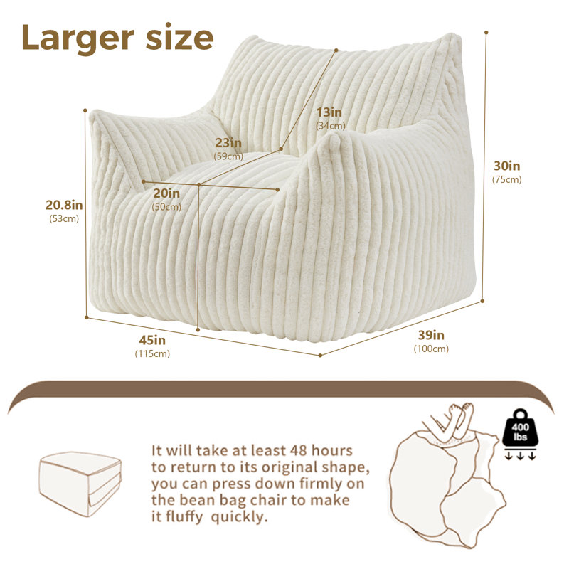 Oversized Faux Fur Bean Bag Chair with Foam Filling, Modern Lazy Sofa for Bedroom, Living Room, and Office, White