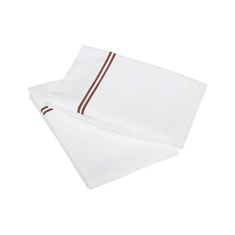 400TC Double Embroidery Cotton Sateen Pillowcases (Set Of 2), White/Chocolate