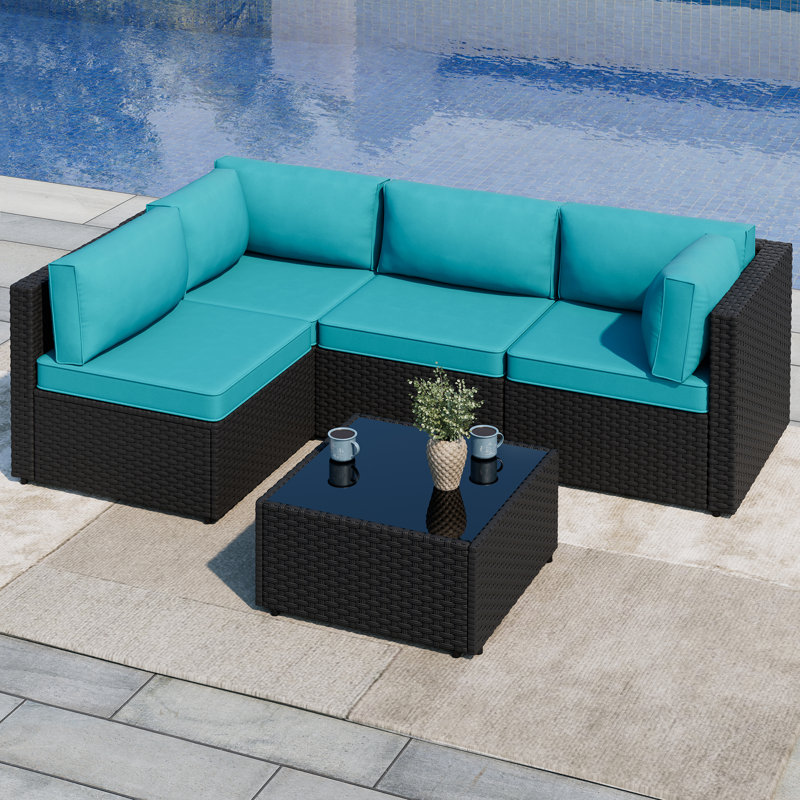 Ensemble de conversation d'extérieur pour 4 personnes avec coussins 4 personnes, Bleu, Noir