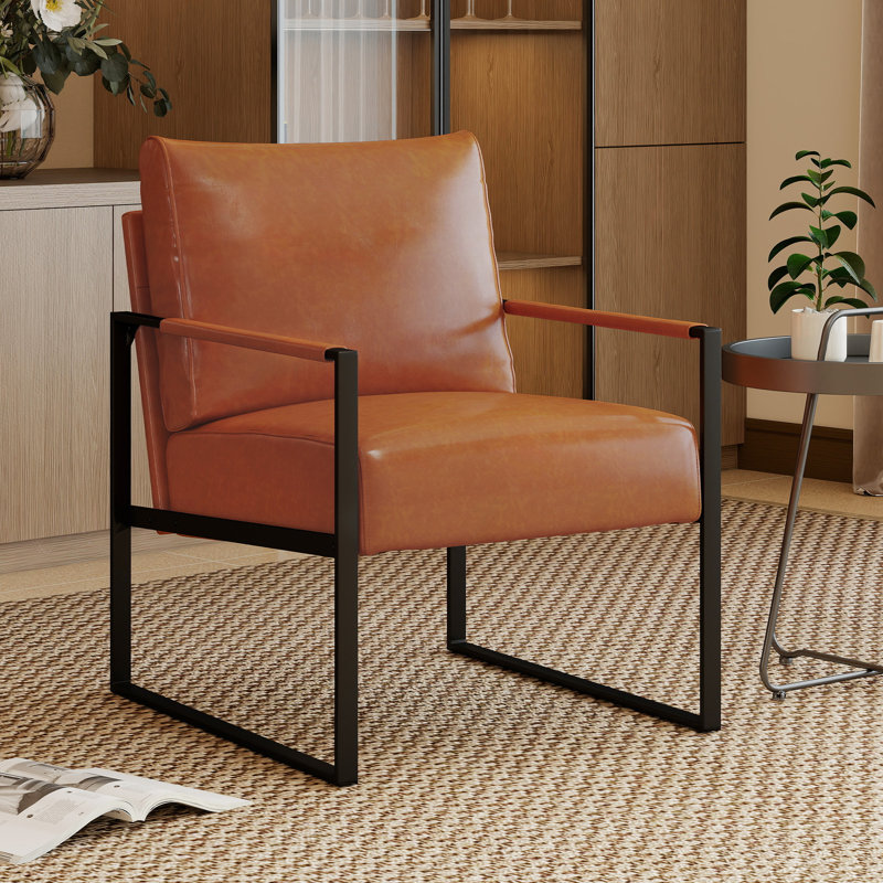 24.6" Wide Minimalist Soft Cushioned Back Upholstered Sled Base Arm Accent Chair (Set of 7), Brown Faux Leather