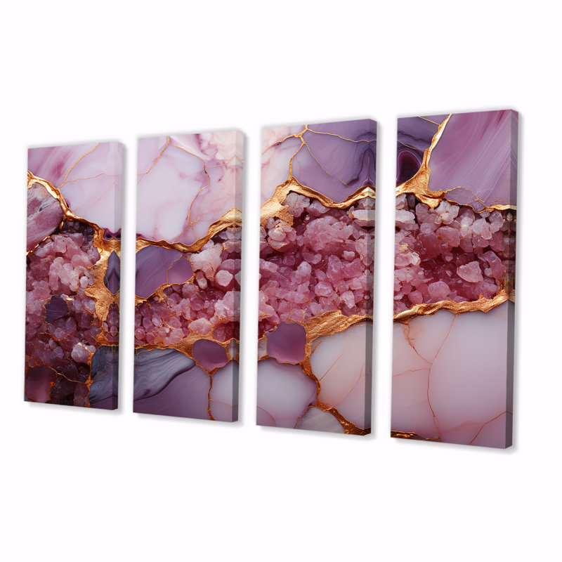 «Rose and Gold Marble Agate River IV», art mural abstrait sur toile 4 pièces, H 28 po x l 48 po