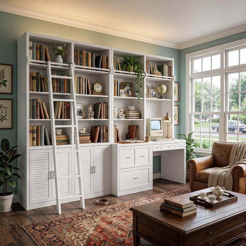 Bibliothèque murale modulaire avec bureau, échelle, tablettes ouvertes, portes à persiennes, tiroirs l 86,6 po x H 138,6 po Pierce