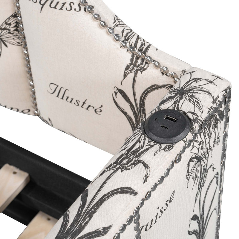Lit de jour simple rembourré avec couchette escamotable et ports de chargement USB, imprimé botanique
