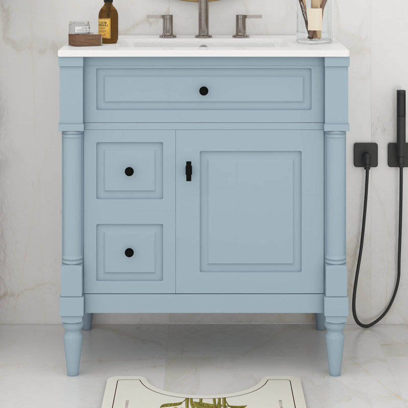 Meuble-lavabo 30 po avec lavabo, meuble-lavabo autoportant avec tiroir rabattable, 2 tiroirs et tablette réglable, Bleu/gris