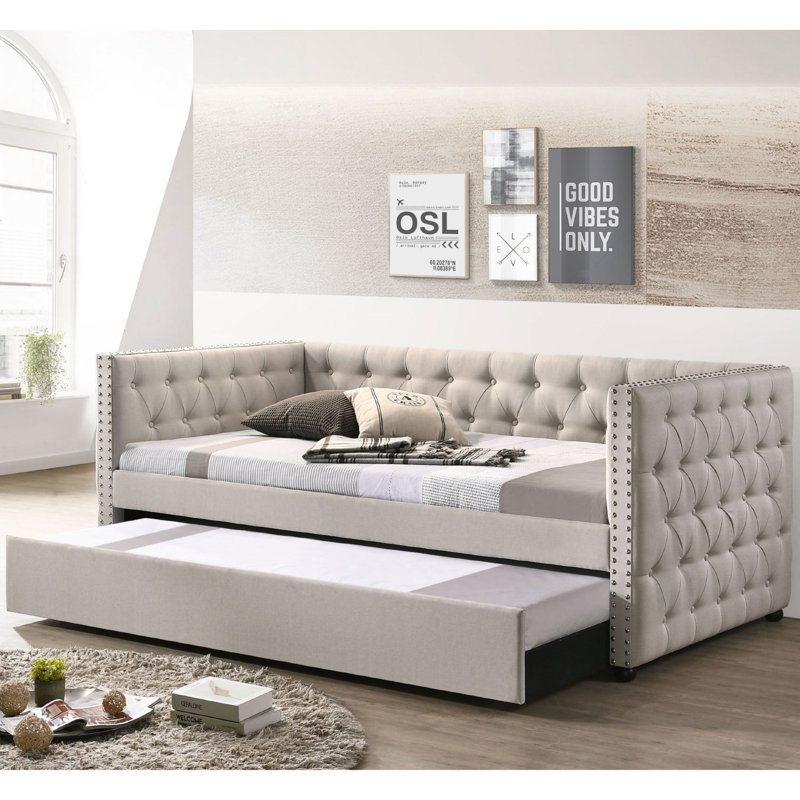 Wickman Daybed with Trundle,Platform Bed,Bed Frame, Beige, Full / Double, Solid Wood