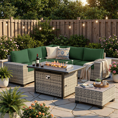 7-Piece HDPE Wicker Patio Sectional Set With Fire Pit Table, Cushioned Outdoor Conversation Set