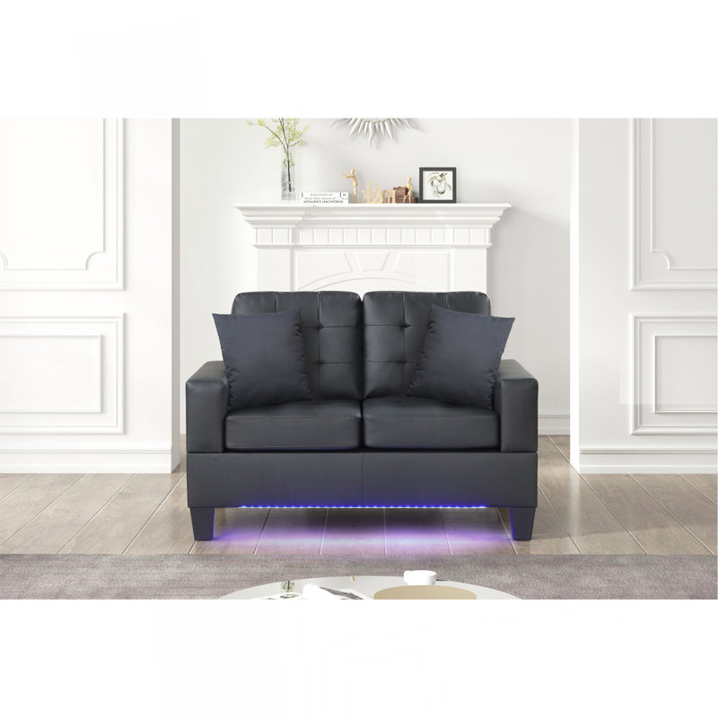 Causeuse en tissu en PVC noir l 55,5 po avec lumières DEL, chargeur USB et coussins capitonnés Genesis