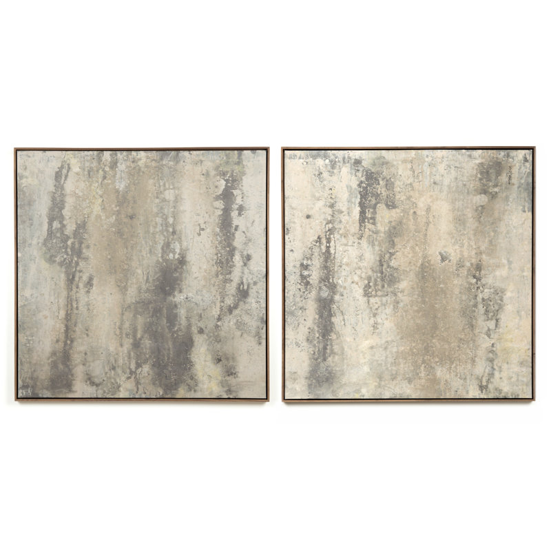 Large Gray and Beige Abstract Canvas Diptych with Walnut Frame