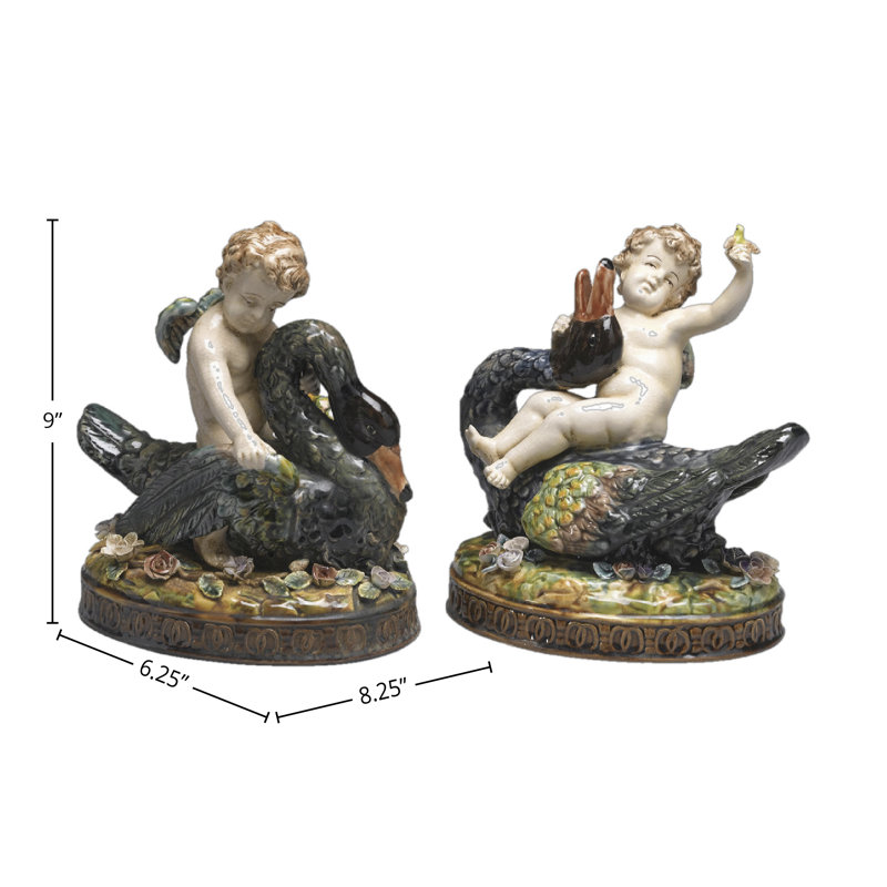 Erhard 2-Piece Majolica Cherub with Goose Figurine Set