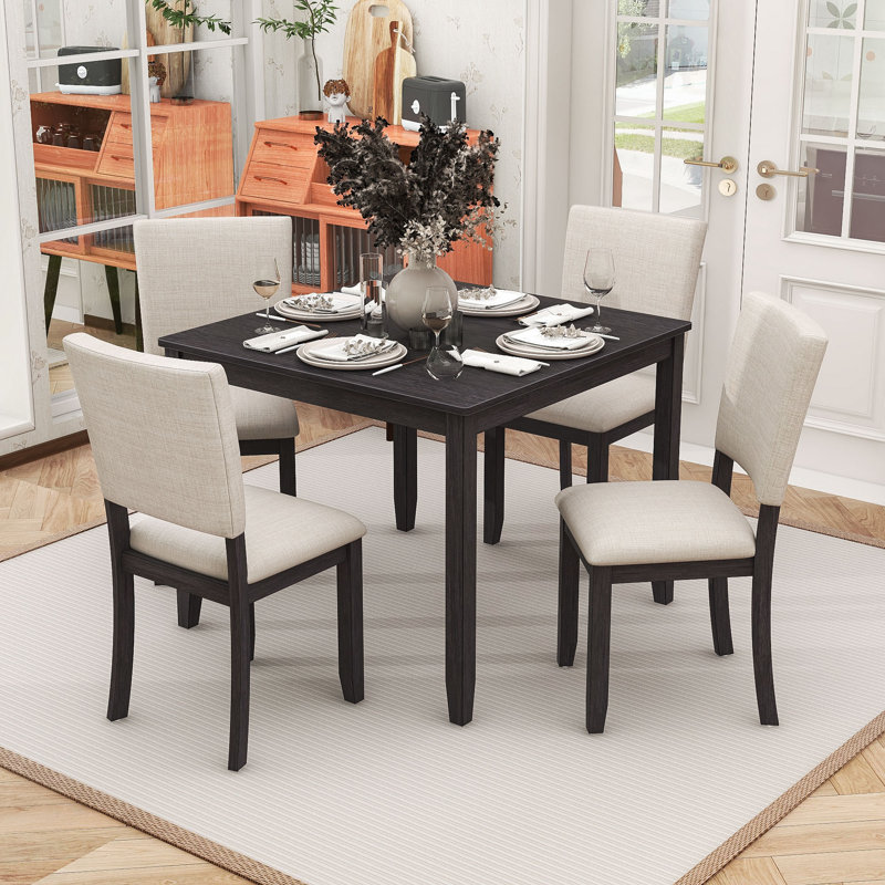 Modern 5-Piece Dining Table Set with Square Table and 4 Upholstered Chairs, Antique Black