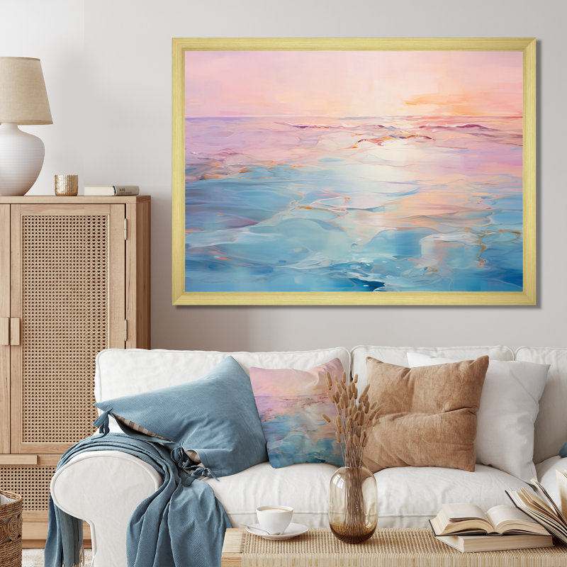 Rose et bleu pastel coucher de soleil - vagues côtières, art mural, H 12 po x l 20 po x P 1 po, Cadre photo doré simple