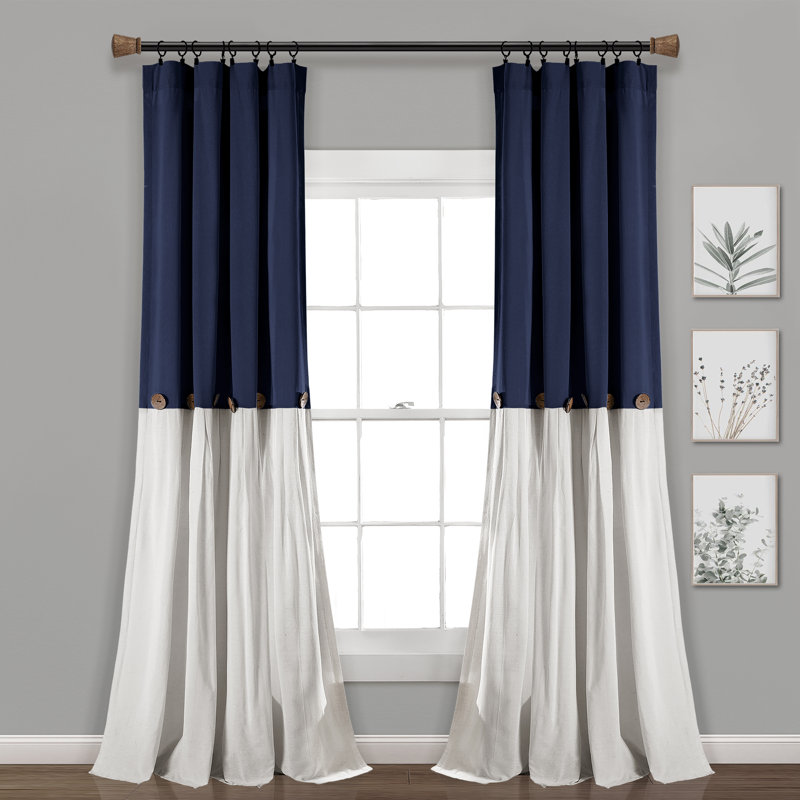 Cotton Blend Semi Sheer Curtain Single Panel, Navy/White