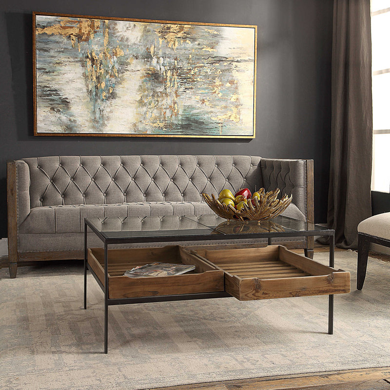 Reclaimed Pine and Glass Coffee Table with Storage Trays
